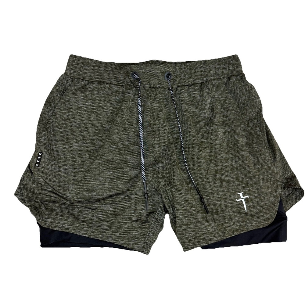 Three Nails 0633 Men's 5" Shorts Sz Medium Heathered Olive Green 2 in 1 Lined M